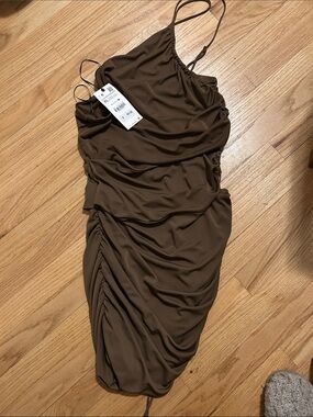 Zara One-Shoulder Ruched Brown Dress